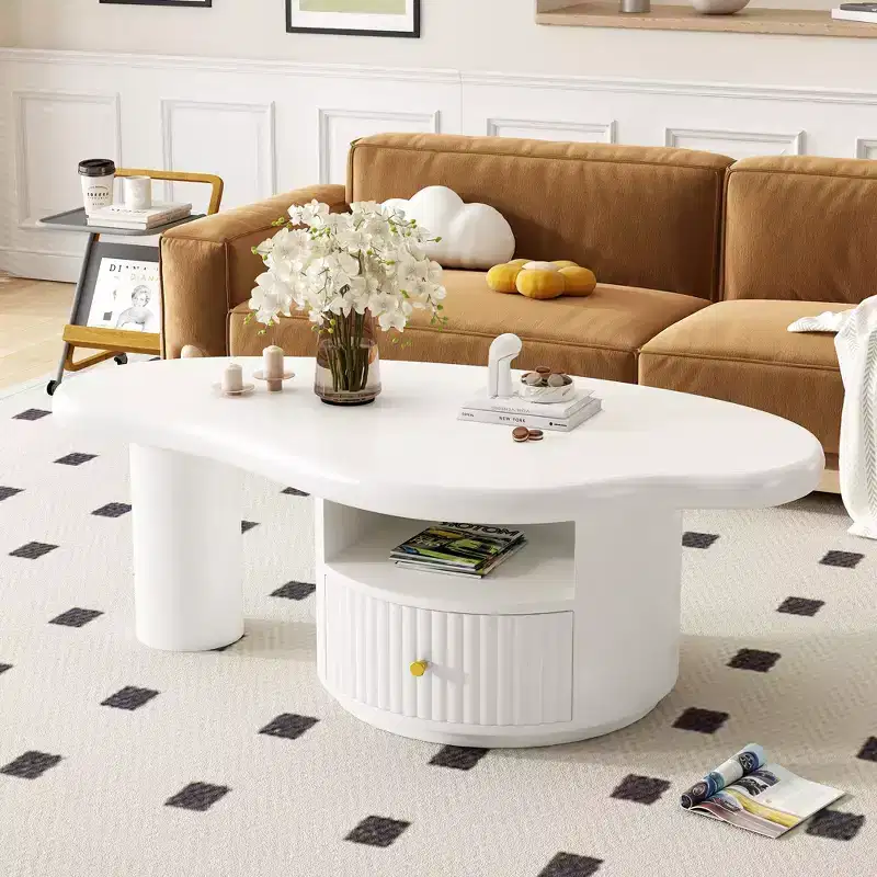 Okak Set of 3 Modern Cloud Coffee Tables, Irregular Shape Center Table with 2 Drawers & 2 Small Stools, Coordinated Living Room Duo
