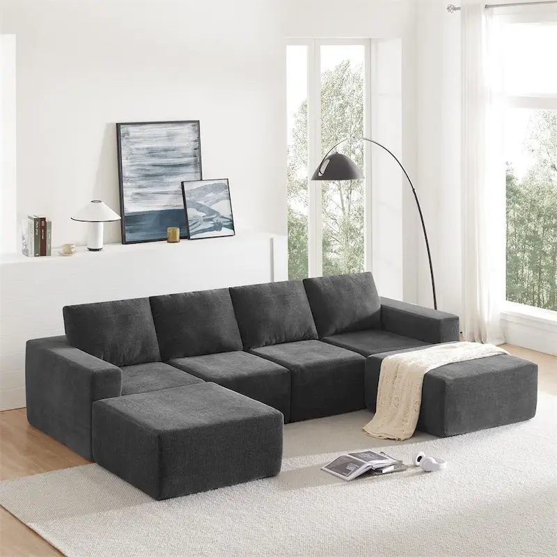 Dark Gray / Beige / Navy U-Shaped Modular Sectional Sofa, Chenille, 4-6 Seater