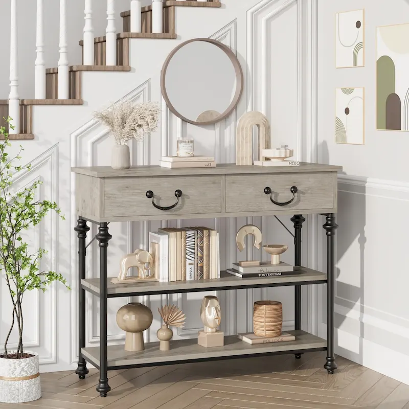 Narrow Console Table with 2 Drawers & Shelves, Grey/Brown, 1-2 Person