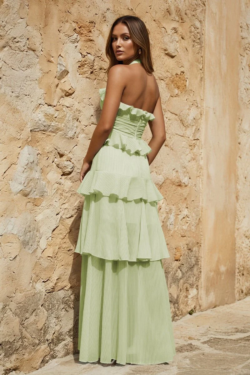 Sky Blue Halter Sheath Pleated Chiffon Long Prom Dresses With Ruffles