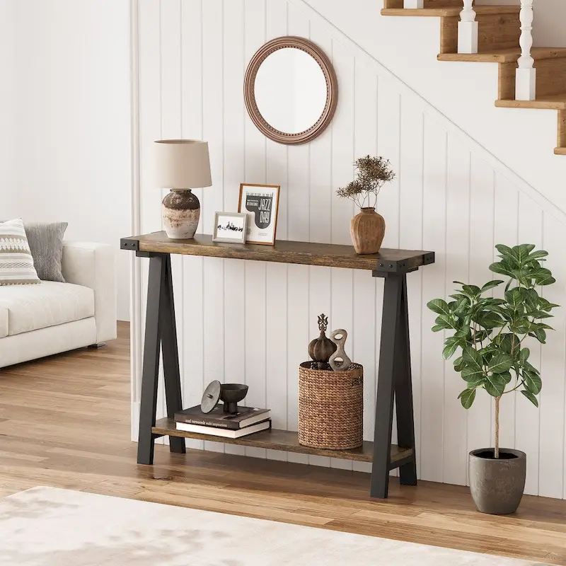 Brown & Grey 2-Tier Console Table with Storage Shelf, V-Leg Style, 1-Person Assembly