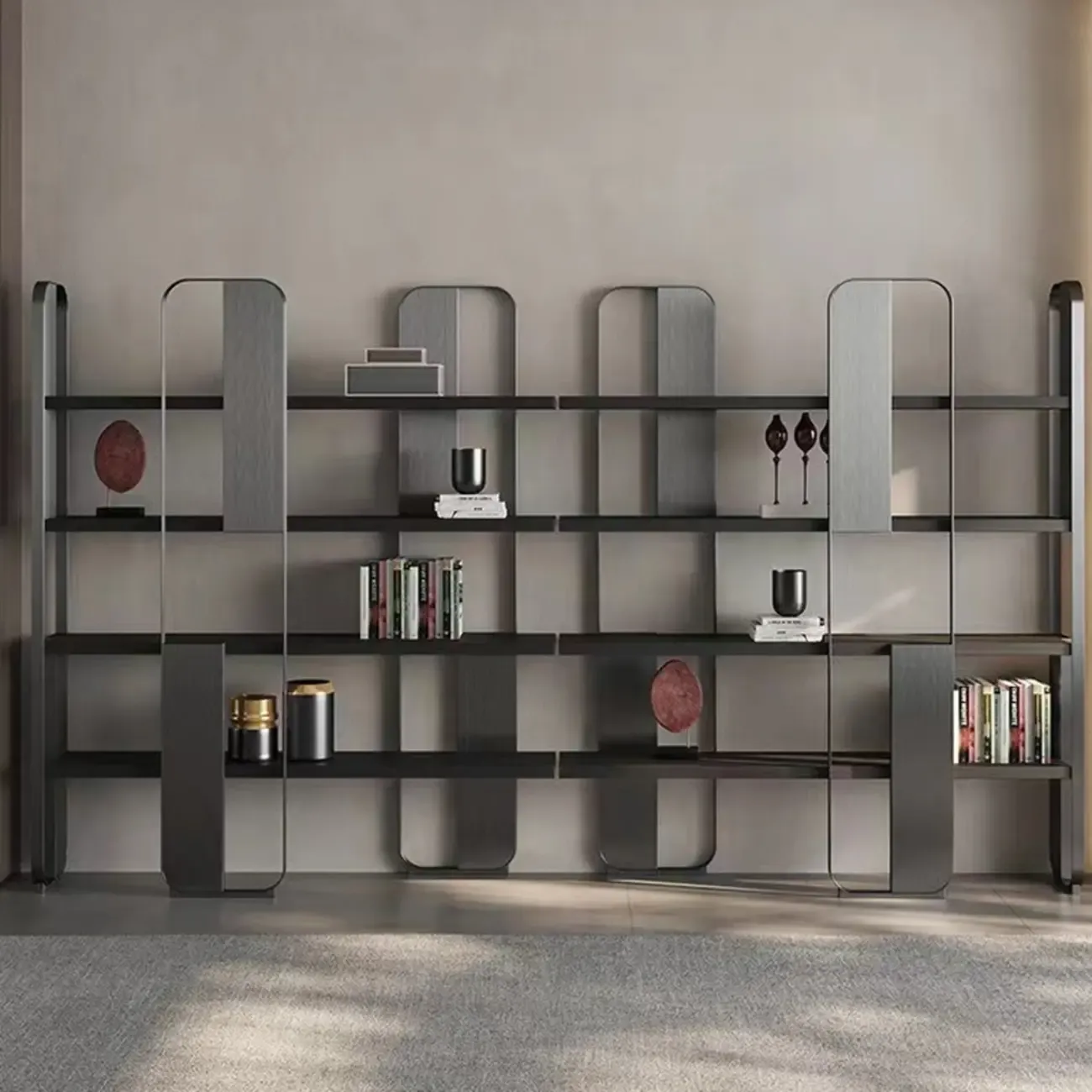 Minimalist Horizontal Wood Shelf Steel Etagere Bookcase