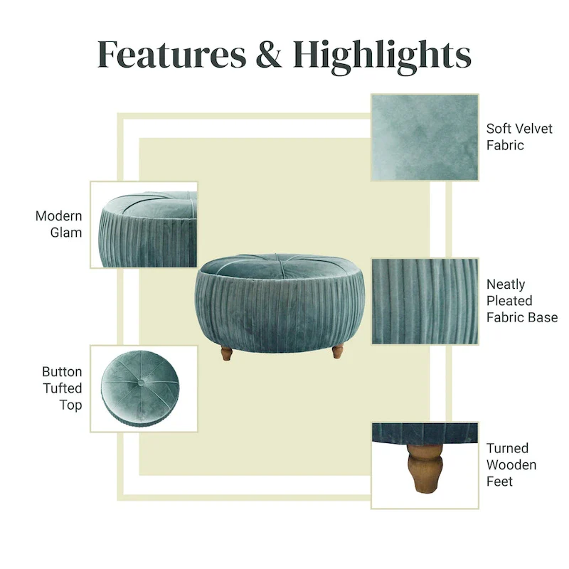 Velvet Round Ottoman with Pleated Design
