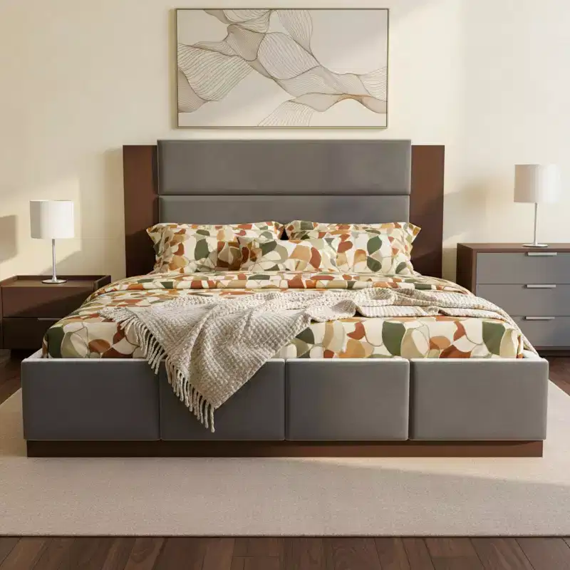 Polibi Upholstered Platform Bed with Extended Wood Headboard