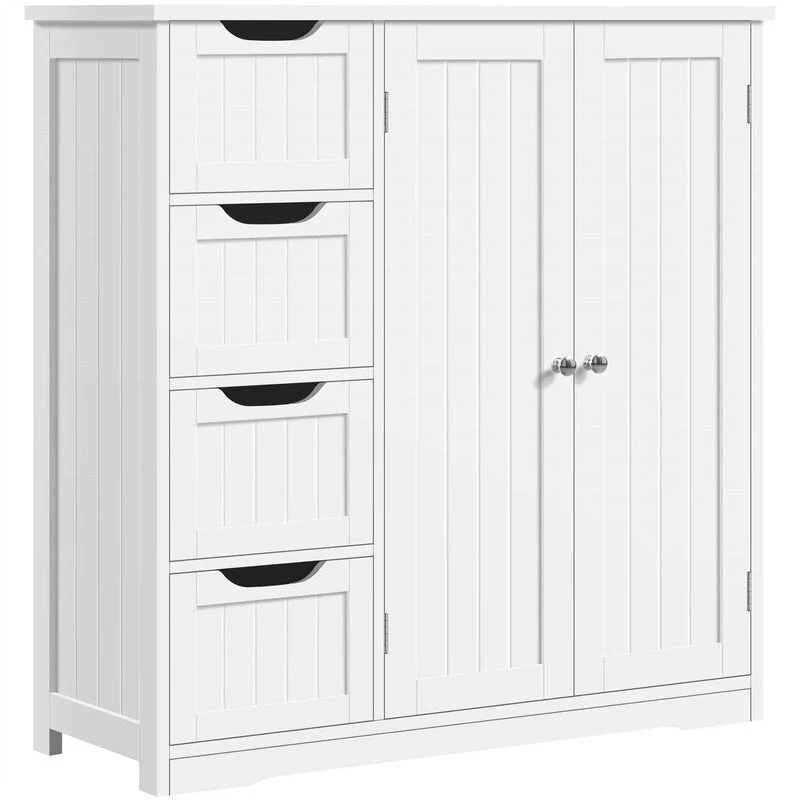 White Wood Finish Bathroom Floor Cabinet – 4 Drawers, 1-Person Use