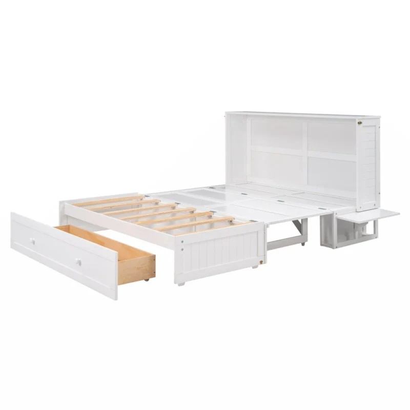 White Queen Size Mobile Murphy Bed with Drawer & Side Shelves