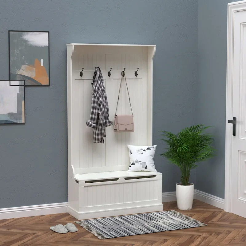 38 3-In-1 Entryway Hall Tree with Storage Bench, Coat Rack with Four Hooks and Shoe Storage, White