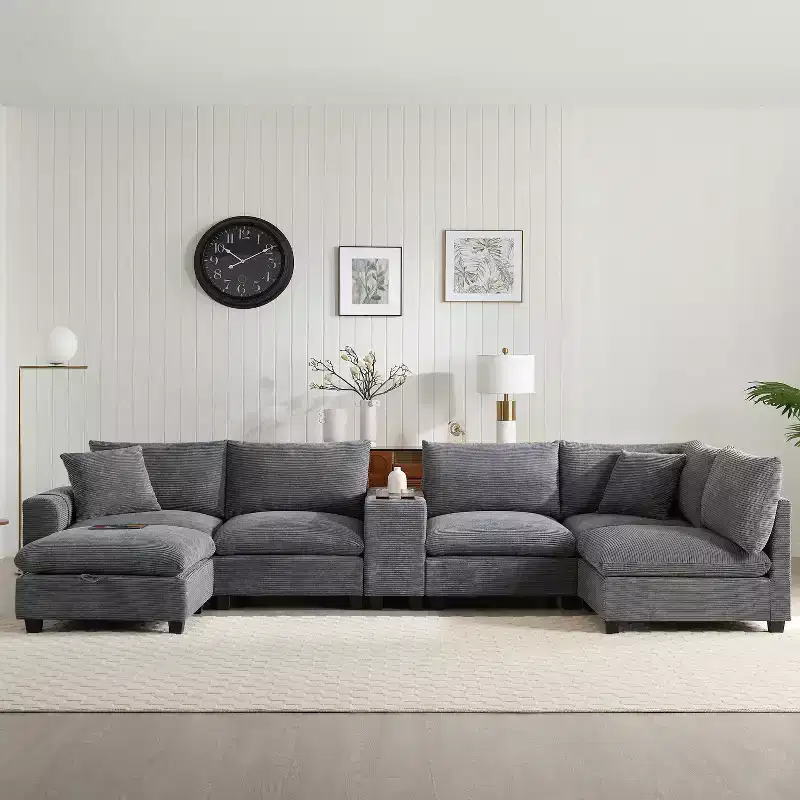 Whisen Modern Chenille 4-seat Sectional Sofa with Ottoman, L-Shaped Cloud Couch Set with Throw Pillows