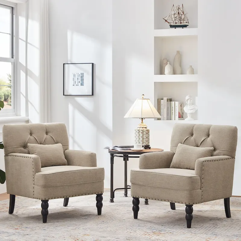 Set of 2 Arm Chair Upholstered Button Tufted Accent Chair with Lumbar Pillow Beige/ Grey/ Light Blue