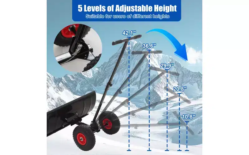 Snow Shovel with Wheels & Snow Pusher, Cushioned Adjustable Handle, 29 Blade, 10 Wheels (Black)