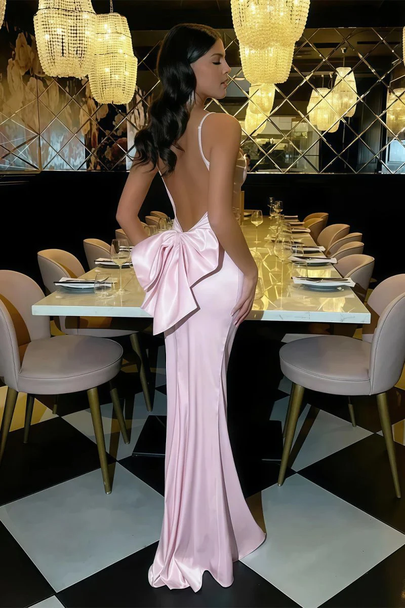 Pink - Mermaid Spaghetti Straps Satin Long Prom Dresses with Bowknot