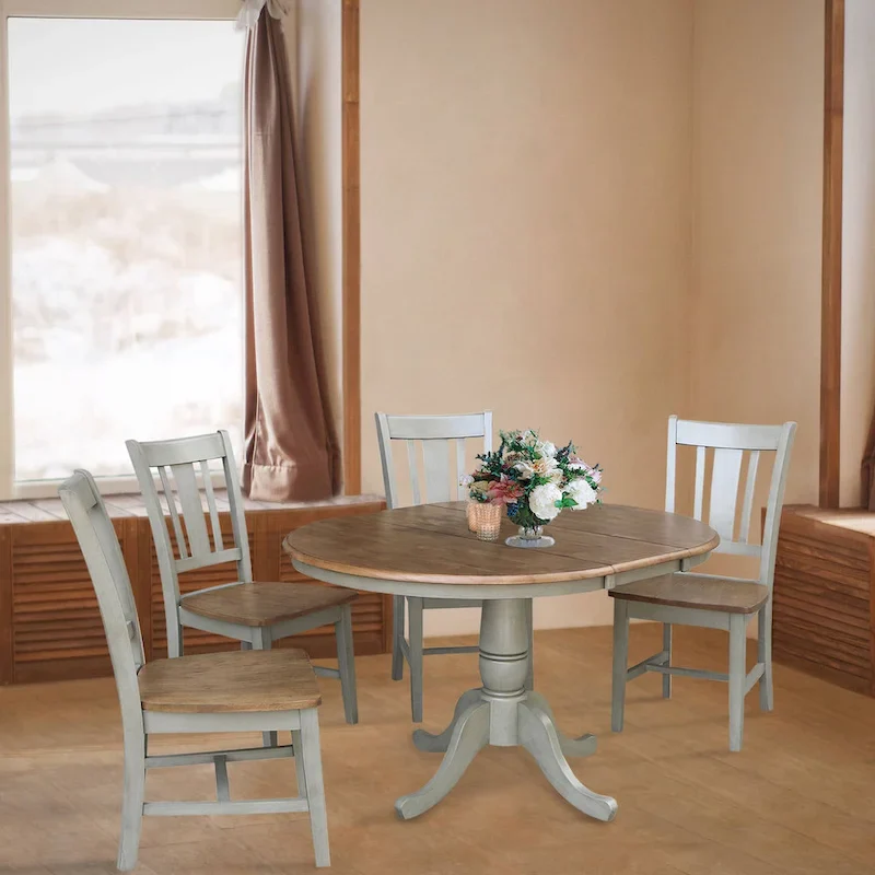 White/Gray & Multi-Finish Round Extension Dining Table with 4 Chairs, Seats 4–6