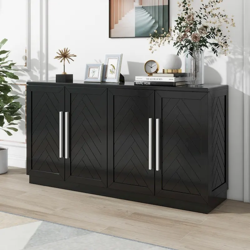 Sideboard with 4 Doors Large Storage Space Buffet Cabinet with Adjustable Shelves and Silver Handles for Kitchen