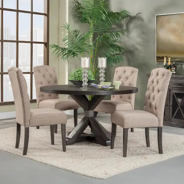 Salvaged Grey Button-Tufted Parson Dining Side Chair, Wood Legs, Set of 2