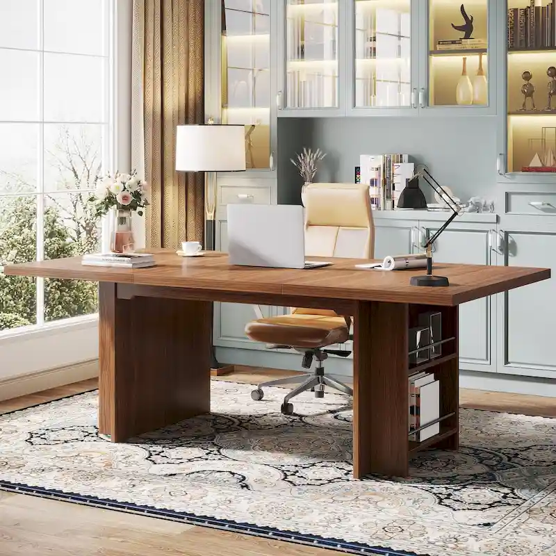 Walnut Large Executive Desk with 2-Tier Side Storage Shelves - Seats 4-6