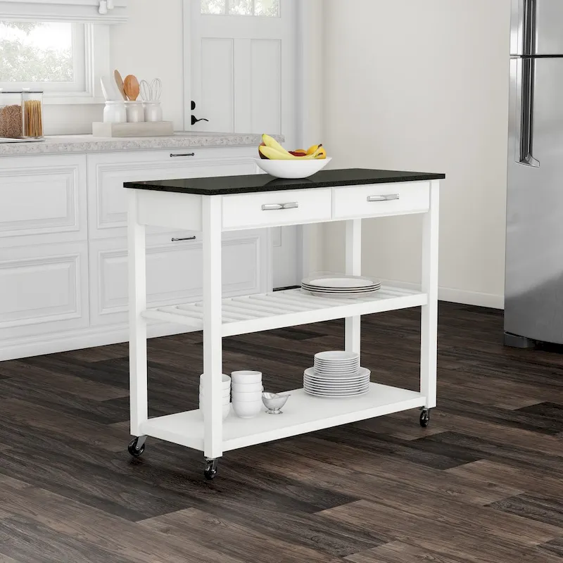Solid Black Granite Top Kitchen Cart/ Island With Optional Stool Storage in White Finish - 17d x 43w x 35h