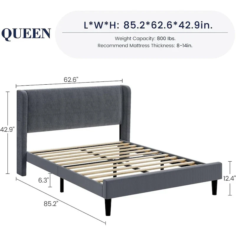 Wooden Bed Frame with Upholstered Headboard