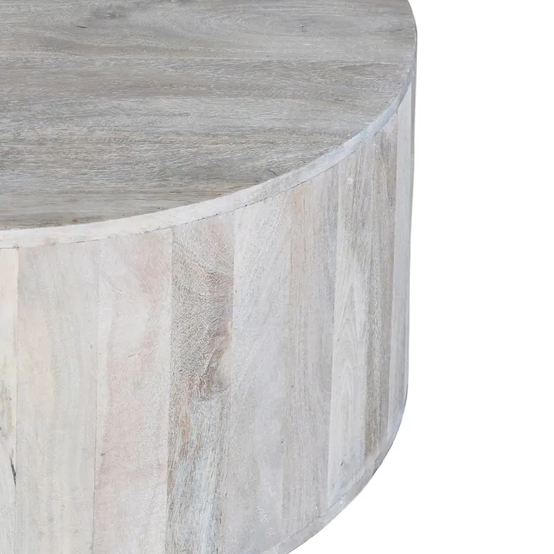 36 Inch Coffee Table, Handcrafted Drum Shape, Washed White Mango Wood