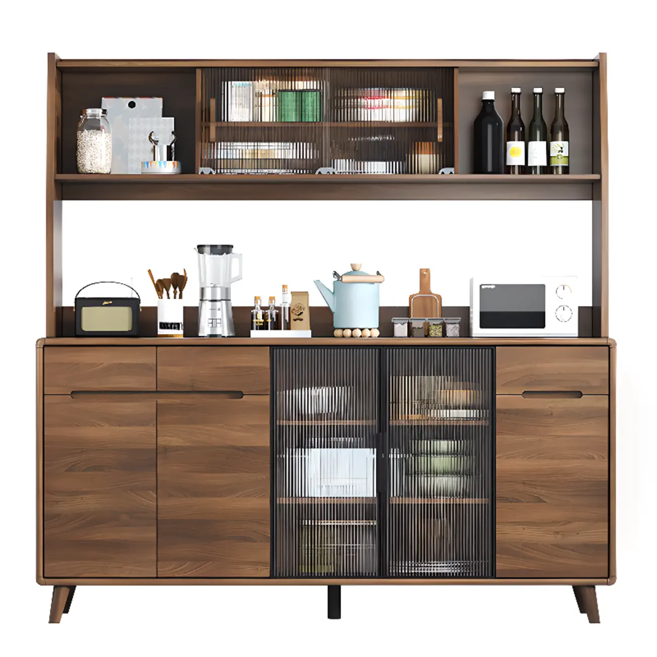 Kitchen Brown Wooden Hutch Top Sideboards with Pegboard Back