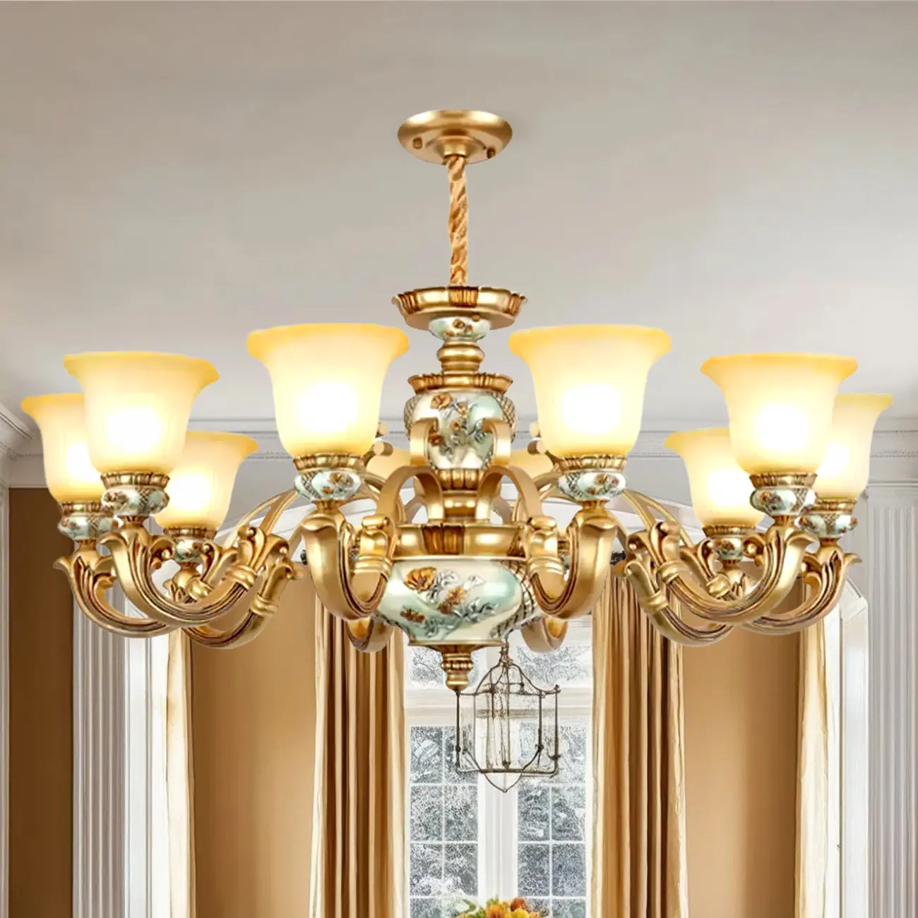 Antique Gold Ceramic Chandelier with Frosted Glass Bell Shape