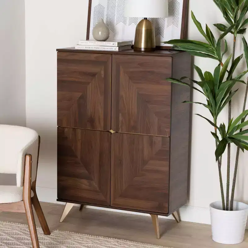 Graceland Wood Shoe Cabinet Walnut Brown/Gold - Baxton Studio: Mid-Century Design, 6 Shelves, Organizes 18 Pairs