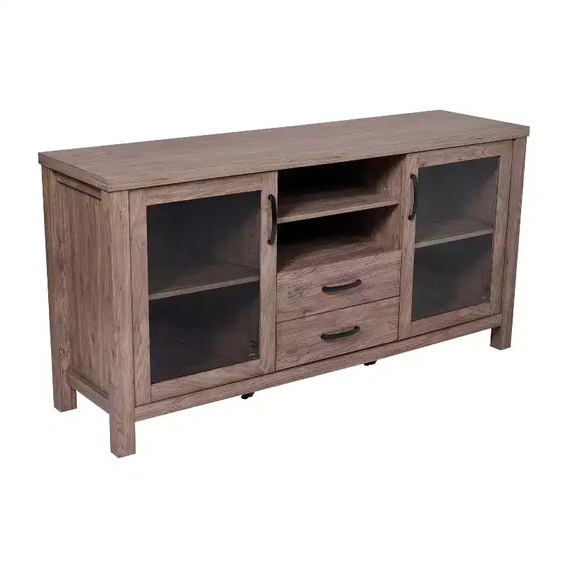 Emma and Oliver Engineered Wood Buffet Sideboard Storage Cabinet for Kitchen/Dining Room with Open Shelf, 2 Drawers, and 2 Tempered Glass Doors