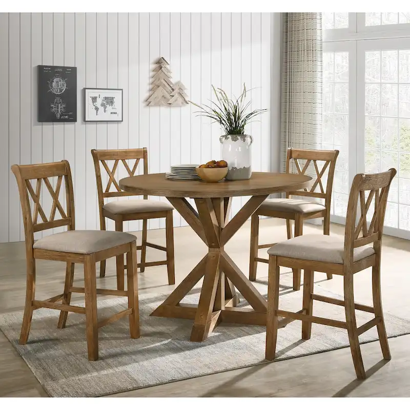 Counter Height Dining Table, 5 Piece Round Kitchen Dining Table with Round Table and 4 Upholstered Dining Chairs