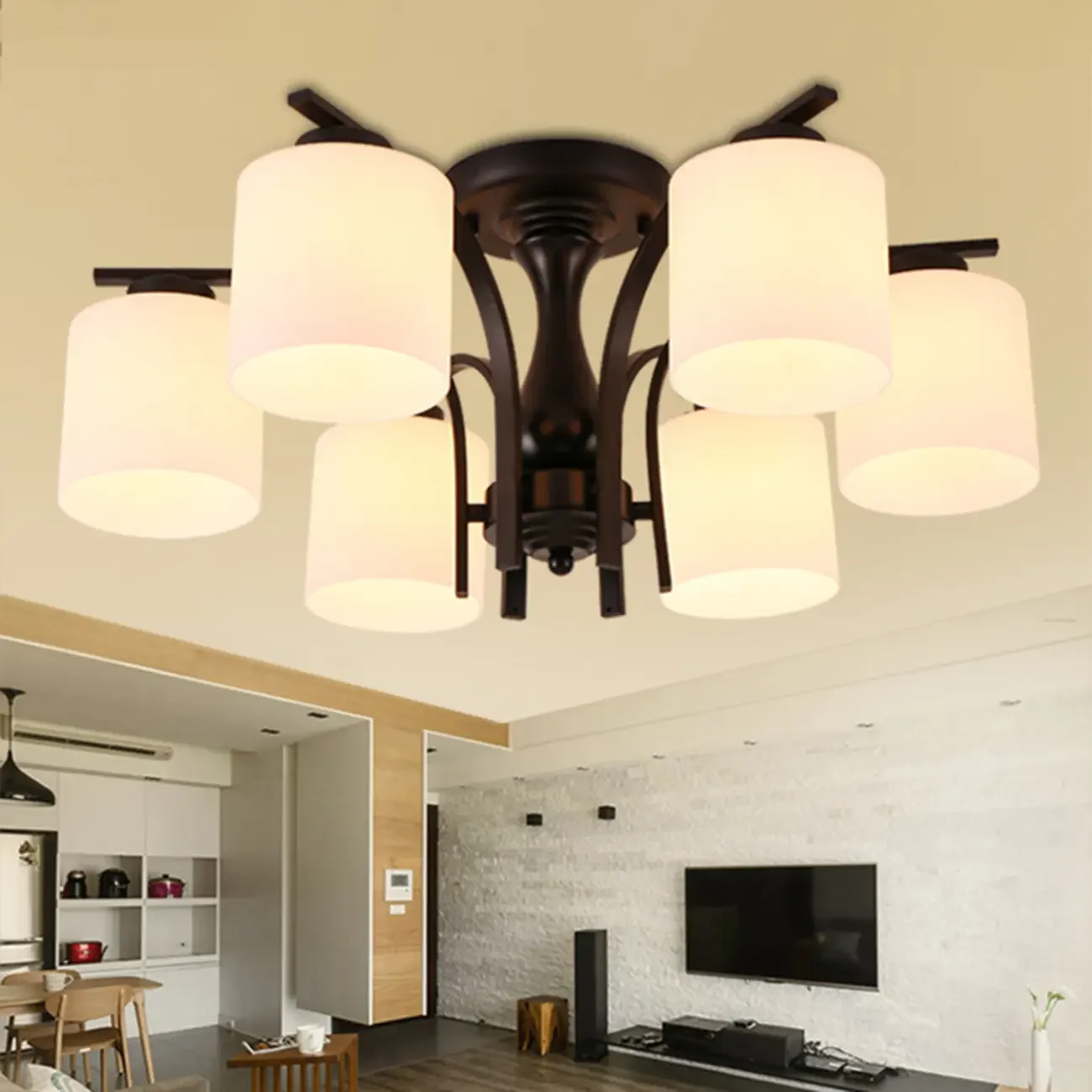 Traditional Black Cylinder Glass Semi-Flush Mount Ceiling Light