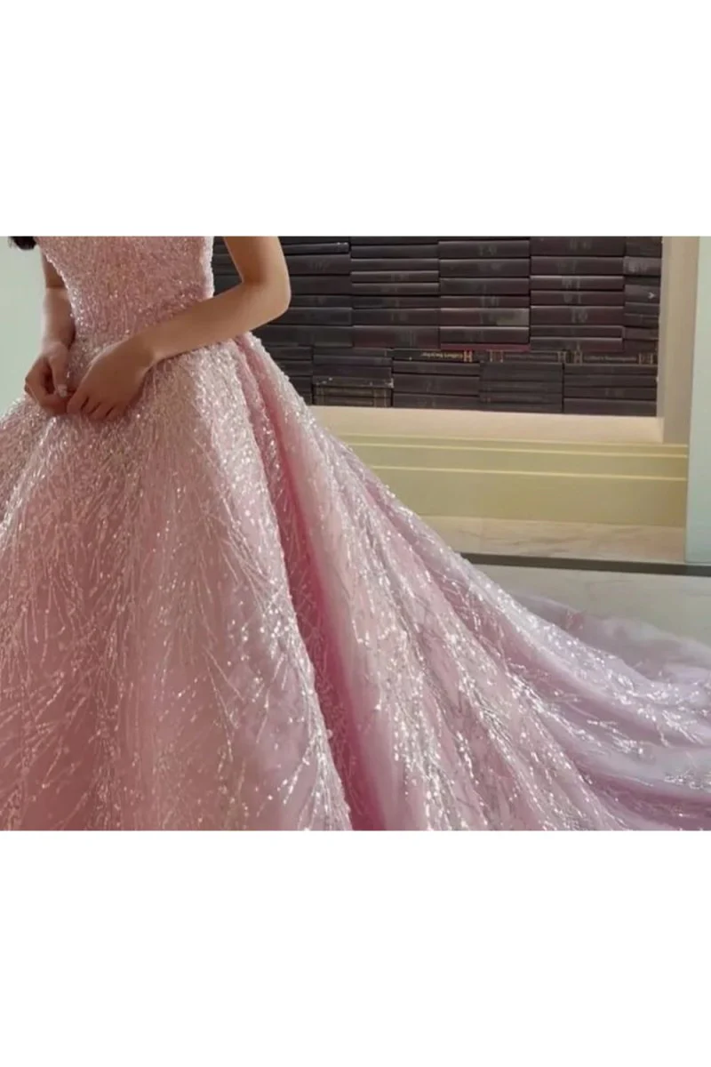 Pink Straps Sequin Beaded Long Ball Gown Quinceanera Dresses