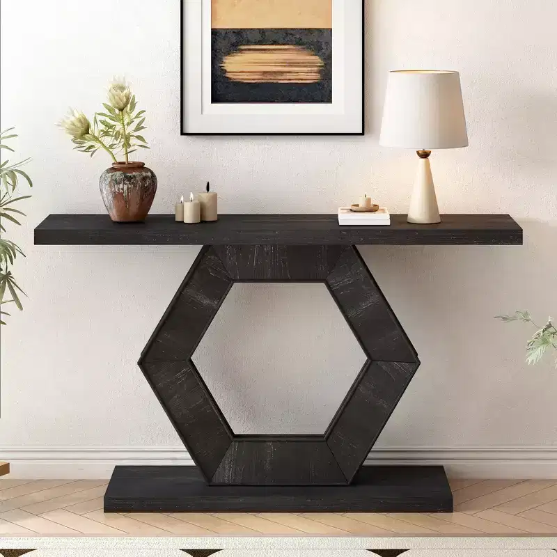 Modern Entryway Console Table with Hollow Hexagon Base, MDF & Fir Veneer Accent Table for Hallway, Entryway and Living Room - ModernLuxe
