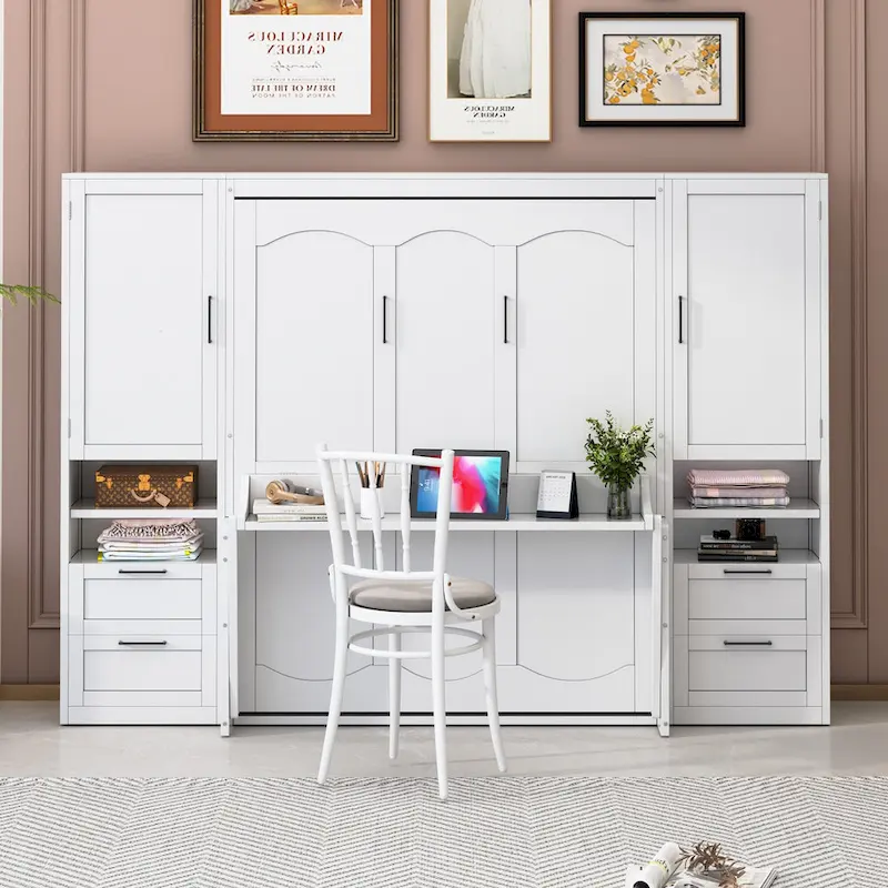 Grey Queen Murphy Wall Bed with Side Wardrobe & Drawers – 1-Person