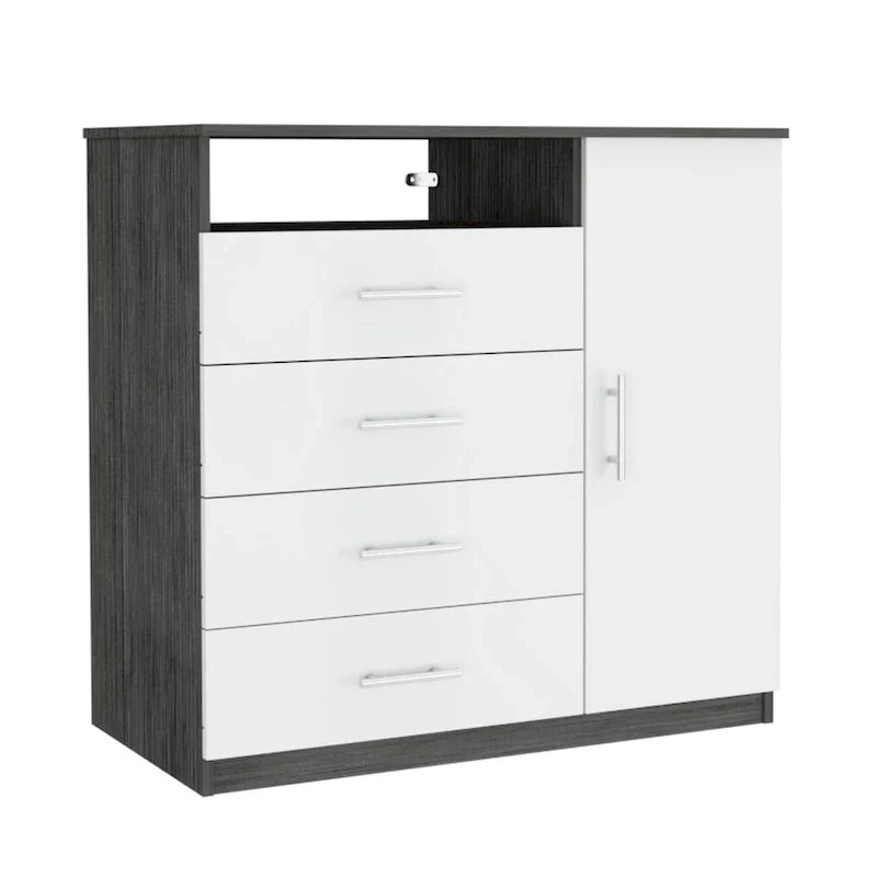 4 Drawer Dresser, Single Door Cabinet, One Open Shelf, Superior Top