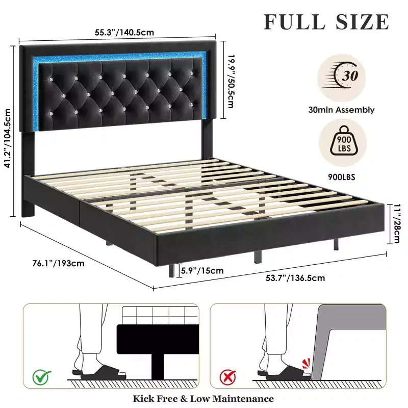 COZONY Floating Upholstered Platform Bed Frame with LED Lights, Diamond Headboard, No Box Spring