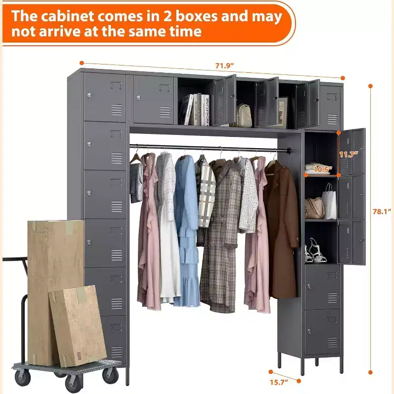 Multi-functional Metal Storage Cabinet - 78 H Storage Lockers with 16 Doors and Hanging Rod for Office, Home, School, Gym, Dark Gray
