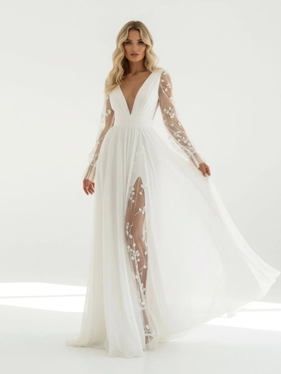 Long Sleeve Boho Flowy Wedding Dress Lace A-Line V-Neck Beach Gown with Split Front and Sweep Train