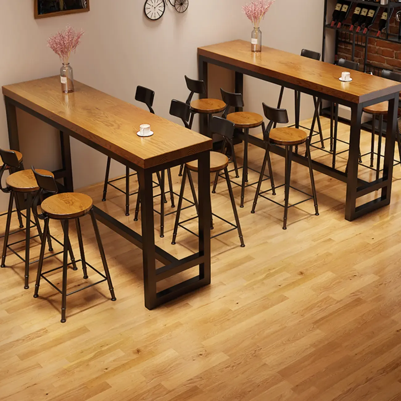 Simple Brown Black Wooden Trestle Bar Tables