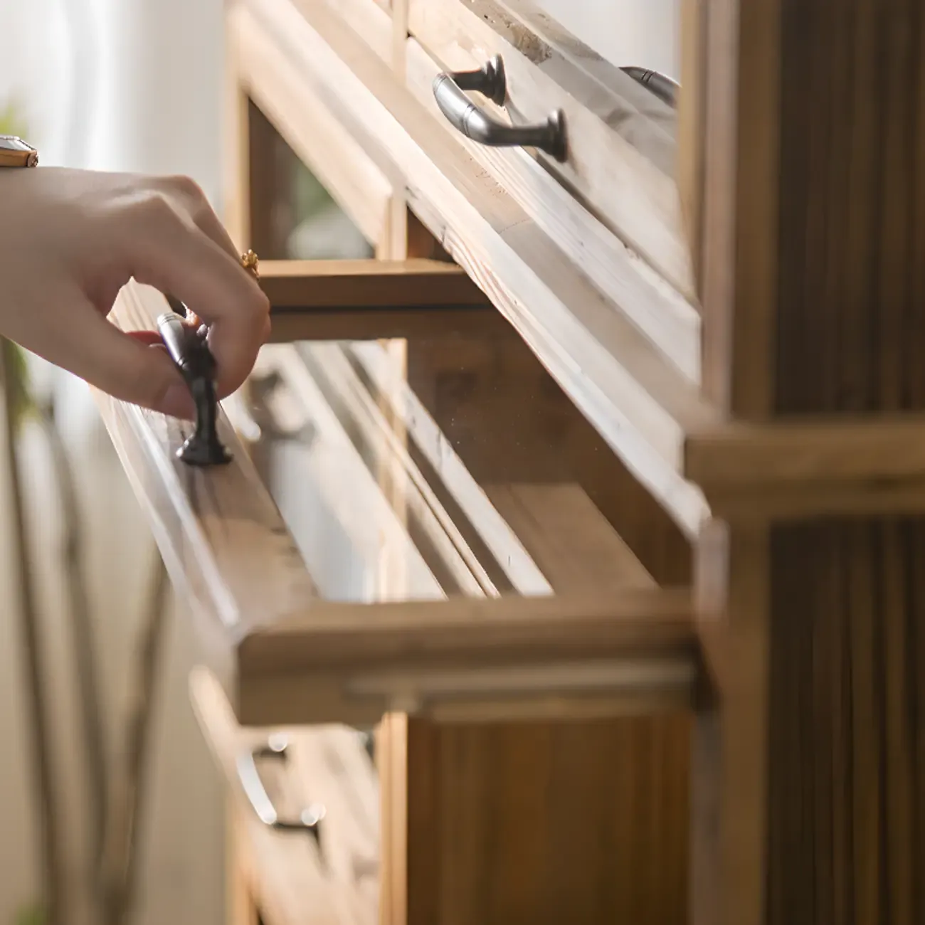 Traditional Multi-Shelves Brown Wooden Flip-Up China Cabinet