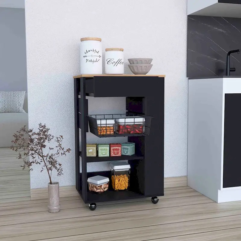 Kitchen Cart, One Drawer, Two Open Shelves, Four Casters -White / Light Oak