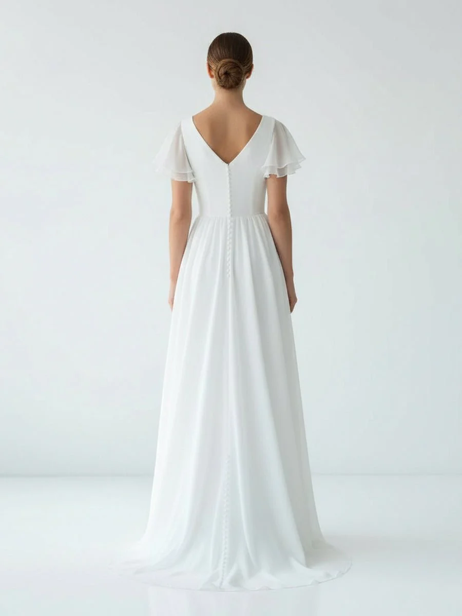 A Line V-neck Chiffon Floor-length Brush Train Short Sleeve Wedding Dress with Ruffles