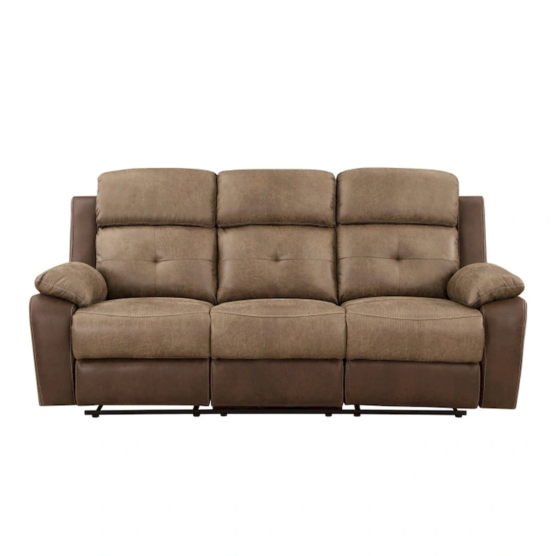 Emma 84 Inch Double Manual Recliner Sofa, Soft Brown Microfiber, Solid Wood