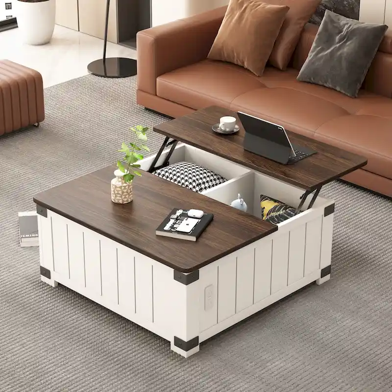 Off-White Square Lift-Top Coffee Table with Storage & Charging, 1-2 Person