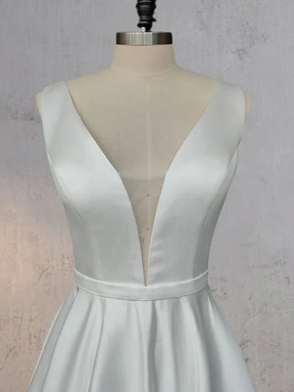 A-Line White Satin Elegant V Neck Wedding Dress