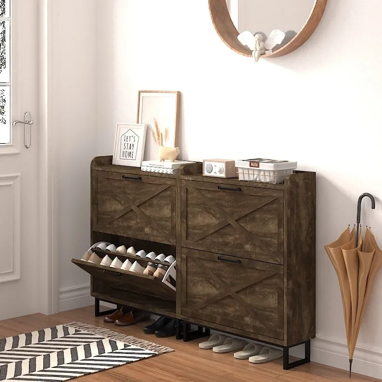 Shoe Storage Cabinet with 2 Flip Drawers, Freestanding Organizer with Metal Legs for Entryway, Narrow Shoe Rack Cabinet