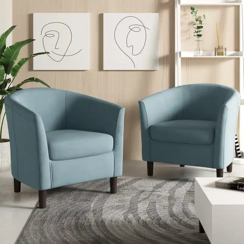 2 Set Modern Linen Barrel Accent Chairs Club Armchair