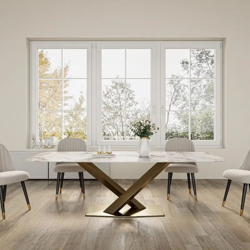 Sintered Stone Rectangle Dining Table, Snowy White / Pandora, Seats 6-8