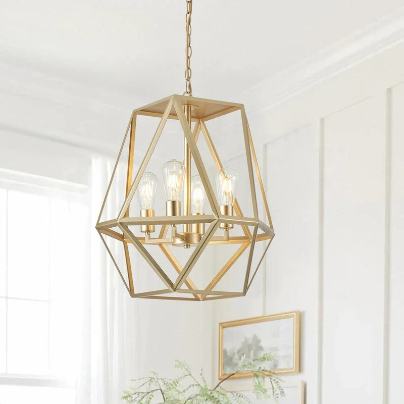 Industrial Painted Gold 4-Light Geometric Metal Frame Pendant Light