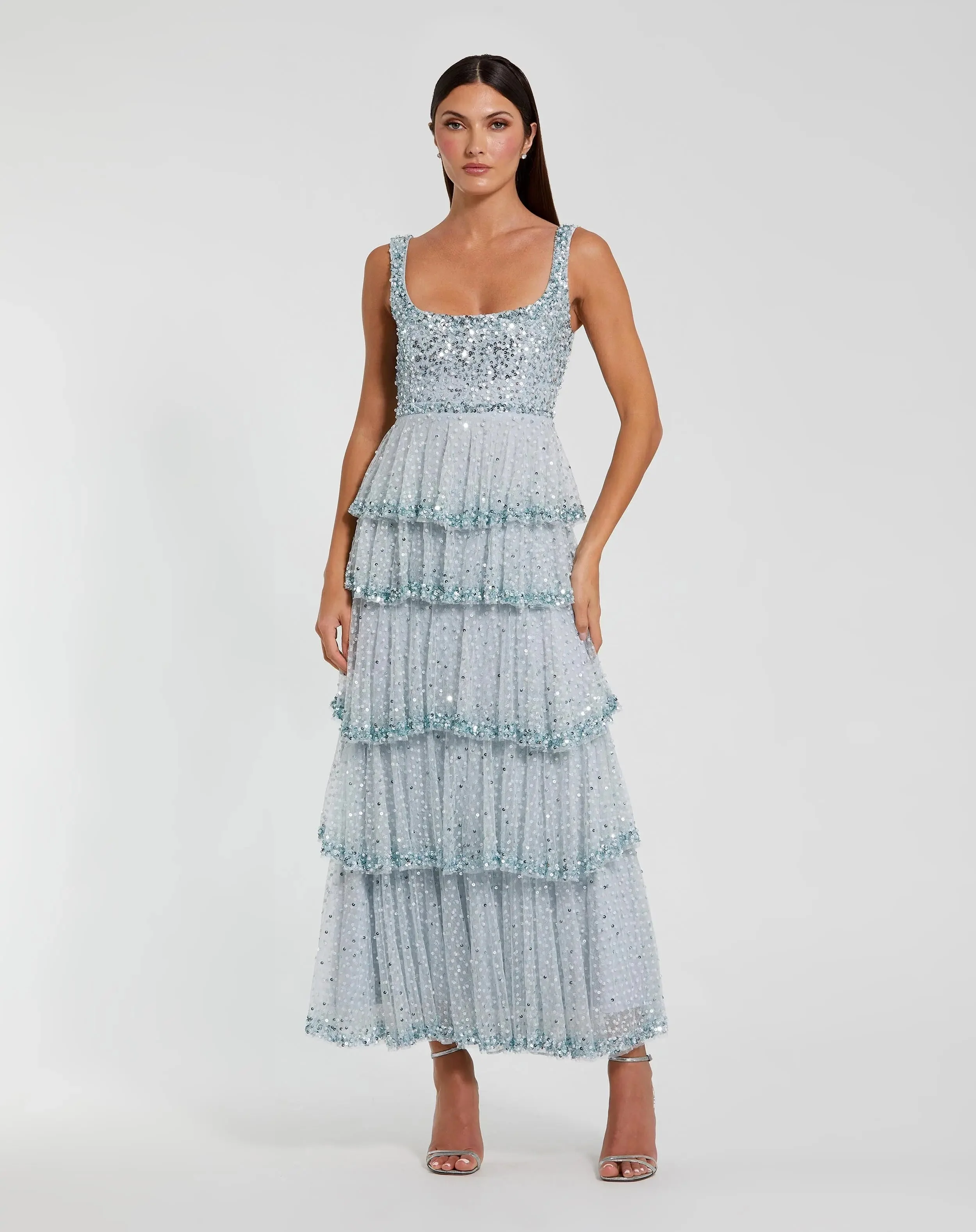 Blue Embellished Net Tiered Ruffle Scoop Neck Dress