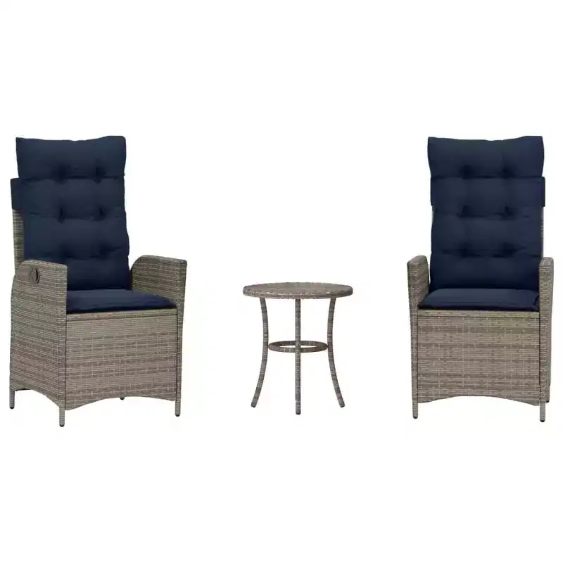 vidaXL 3 Piece Bistro Set with Reclining Chairs - Gray Poly Rattan, Navy Blue Cushions, Adjustable Backrest for Outdoor, Garden, Patio