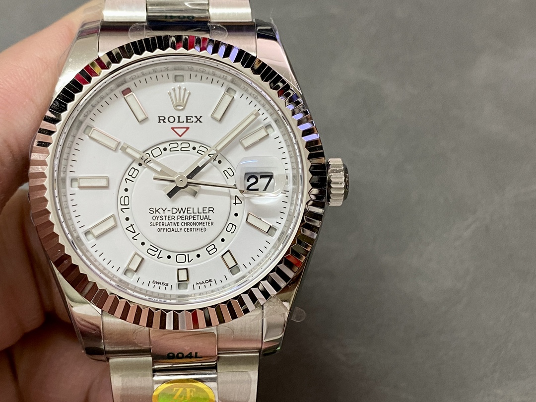 High quality Rolex Sky-Dweller replica white dial with fluted bezel and 904L steel case