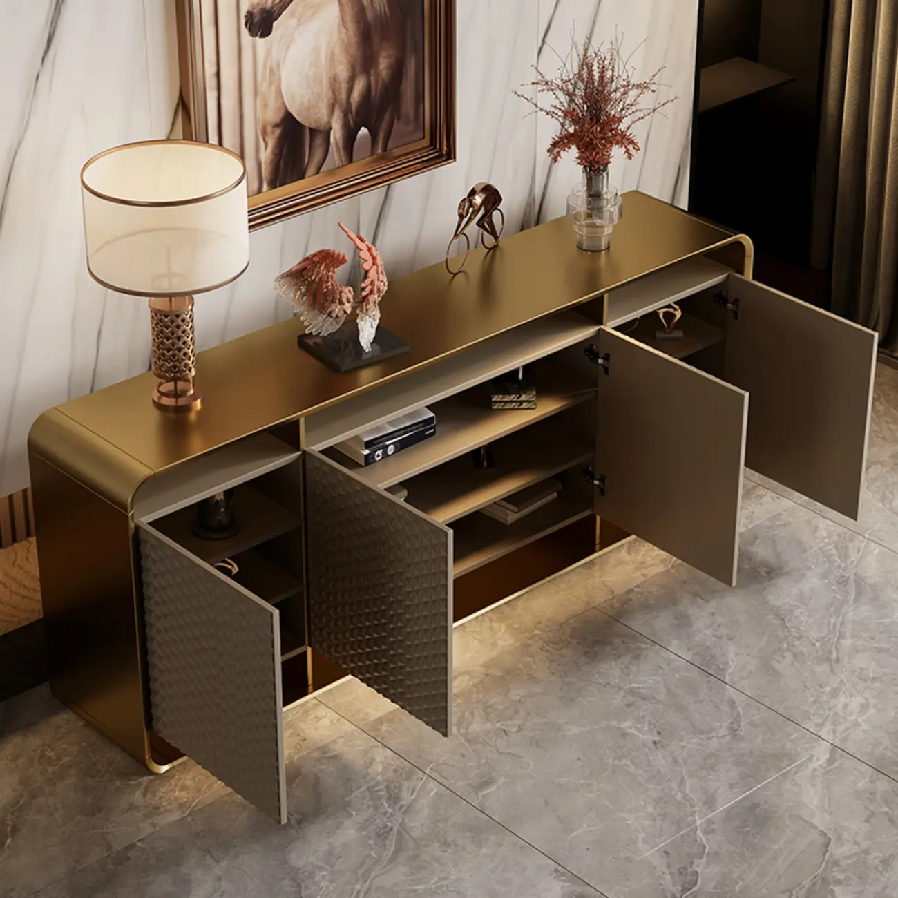 Glam Metal and Wood Sideboard with Shelves